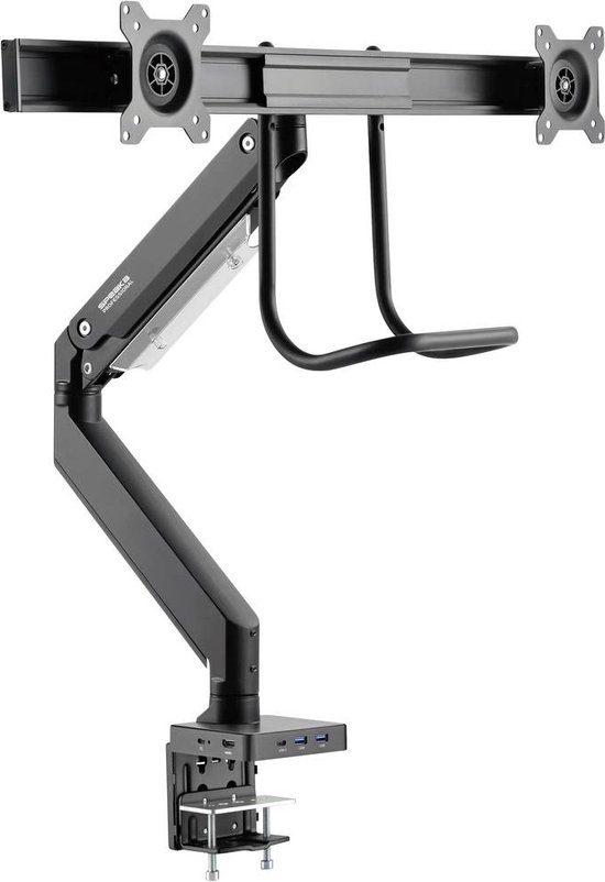 SpeaKa Professional SP-MM-820 2-voudig Monitor-tafelbeugel 43,2 cm (17) - 81,3 cm (32) Geïntegreerd dockingstation, Gasdruktechniek, Kantelbaar, Zwenkbaar