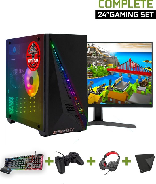 ScreenON - Gaming Set - X100128 - (GamePC.X100128 + 24 Inch Monitor + Toetsenbord + Muis, Controller, Headset & Muismat) + WiFi & Bluetooth