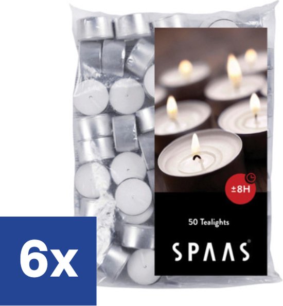 Spaas Theelichtjes - waxinelichtjes - 8 branduren - 6 x 50 stuks - Wit - Voordeelverpakking