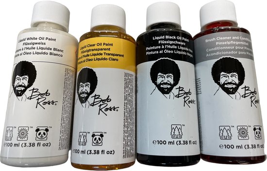 Bob Ross set met 4 soorten medium a 100 ml. Liquid white, liquid black, liquid clear brush cleaner