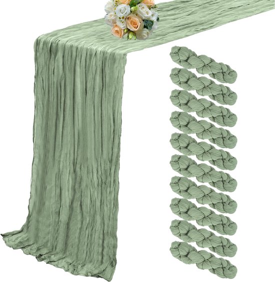 10 stuks saliegroene kaasdoeken-tafelkleden, 90 x 300 cm, boho-gaastafelkleden, lange kaastafelkleden voor feest, banket, bruiloft, verjaardag, tafeldecoratie