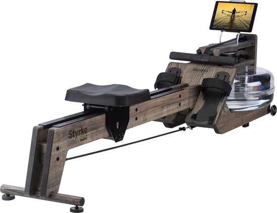Skandika Styrke Waterroeitrainer – Roeitrainers – Roeiapparaat Fitness – Ontworpen en Gemaakt in Duitsland, roeier van hout, Kinomap app functie – Max. Gebruikersgewicht 180 kg – 211 x 54 x 68 cm (LxBxH) - Made in Germany - zwart hout/zwart