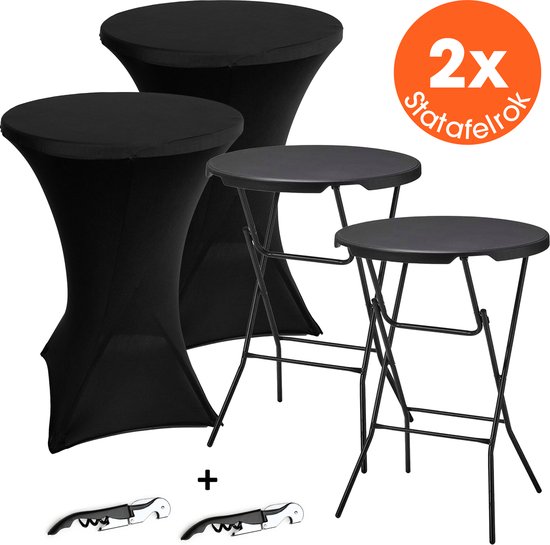 Lenx 2x Zwarte Statafel - Set van 2 - ø80x110 cm - Inclusief 2x Zwarte Statafelrok en 2x Wijnopener - Statafels - Zwart - Cocktailtafel - Hoge Staan Tafel - Staantafel - Partytafel