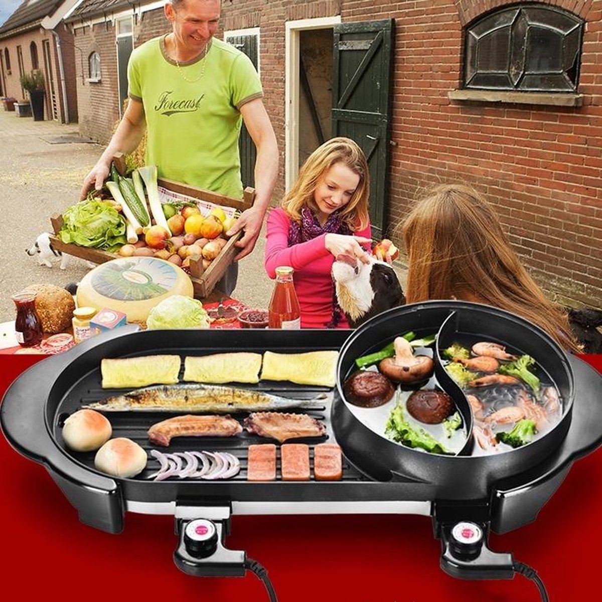 Pro-Care 2in1 - Dual Aziatische HotPot - Grill Bakplaat - Gourmetten - Bouillon fondue, 5 - 7 personen - 2000W - Anti Aanbak Laag - 71cm Lang!