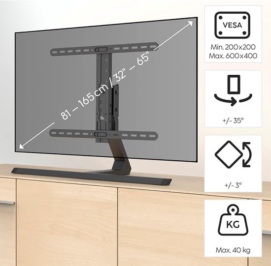Televisiestandaard in hoogte verstelbaar, kantelbaar (TV-standaard universeel voor 32-65 inch televisies, tot 40 kg, tv-houder draaibaar, smalle tafelstandaard, VESA tot 600x400) zwart