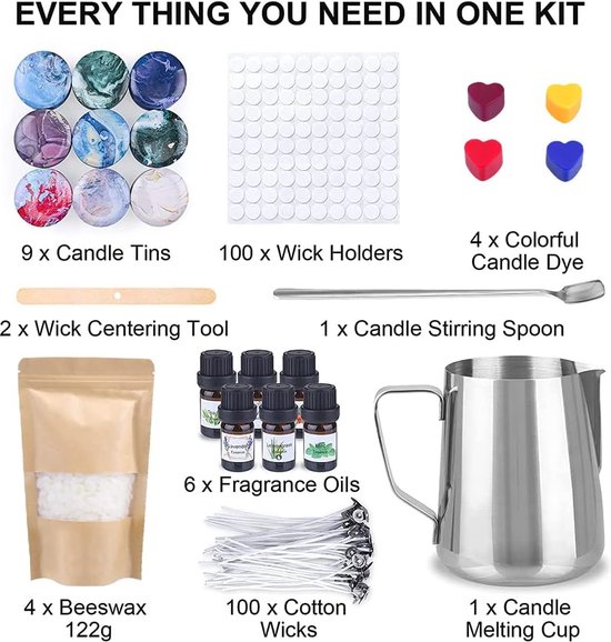 Doe-het-zelf kaarsen maken, geurkaarsen, geschenken met 6 etherische olie, kaarslont, 4 x 120 g bijenwas, 9 blikjes, gietset kaarsen, lonthouder, lontstickers en roerlepel