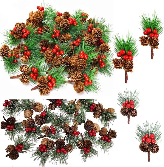 20 stuks kunstmatige kerstprikkers rode bessen dennenappels groene dennennaalden takken voor kerst bloemstuk krans vakantie decoratie ambacht woondecoratie
