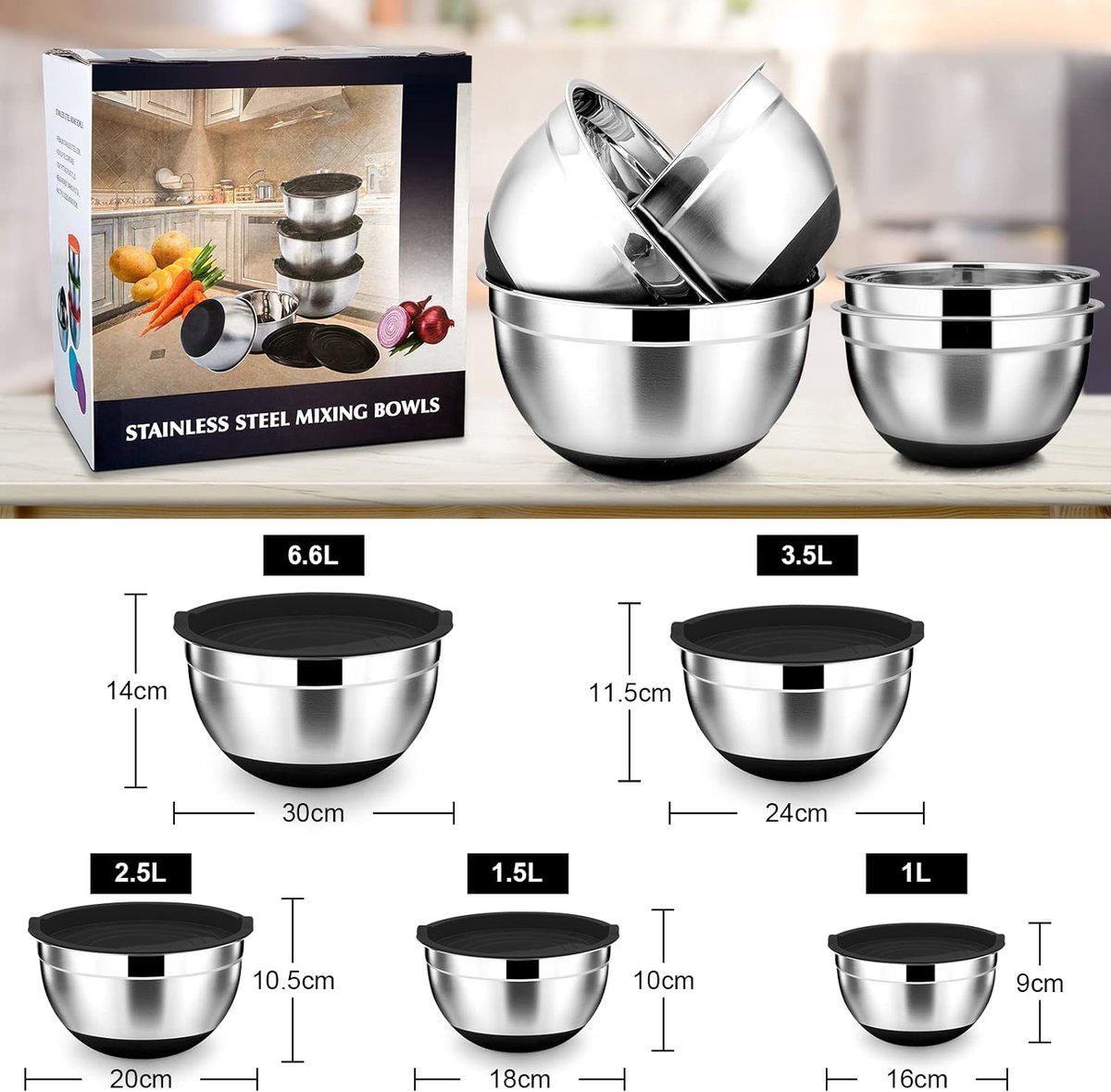 Mengkom, set van 5, roestvrijstalen slakommenset met luchtdicht deksel en antislip siliconen bodem, stapelbaar en veelzijdig, vaatwasmachinebestendig, 6,6 l, 3,5 l, 2,5 l, 1,5 l en 1 l, zwart