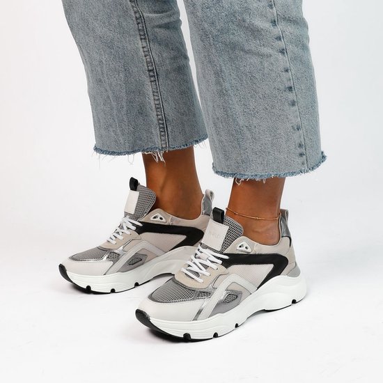 Manfield - Dames - Witte leren sneakers met mesh details - Maat 37