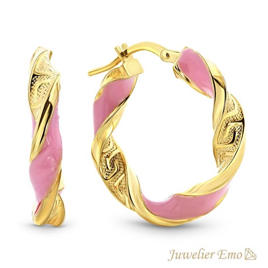 Juwelier Emo - Roze Wokkel Oorbellen - 14 karaat Geelgoud – Meandros bewerking – Diameter 27mm