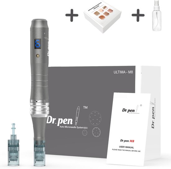 Dermapen Dr.Pen Ultima M8 | Draadloos | Digitale snelheidweergave | Microneedling | Huidverzorging | incl. 6x 16 pin naalden & Sprayflesje 50 ml voor desinfectie