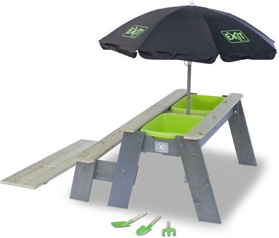 EXIT Aksent zand-, water- en picknicktafel (1 bankje) met parasol en tuingereedschap