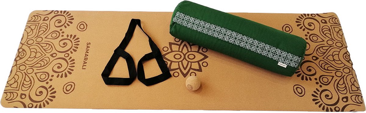 Samarali Yin Yoga set – Sun (Forest Groen)| Kurk yogamat| Yoga Bolster| Kurk massagebal| Draagiem| Ethisch geproduceerd uit natuurlijke materialen
