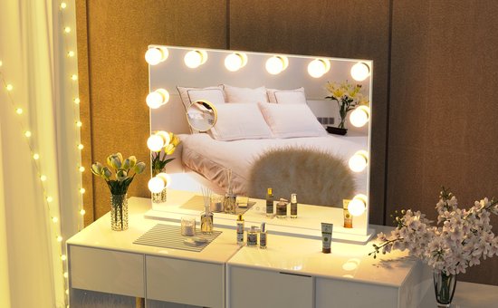 Hollywood spiegel: Luxe LED spiegel met licht regeling - wit - 72x54cm