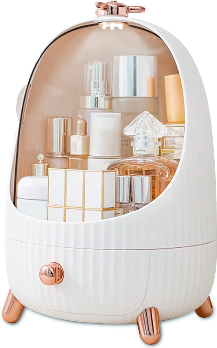 Draagbare make-uporganizer; opbergbox voor cosmetica; met ledlicht; met stofdicht deksel; organizer met laden en draaggreep, M, wit