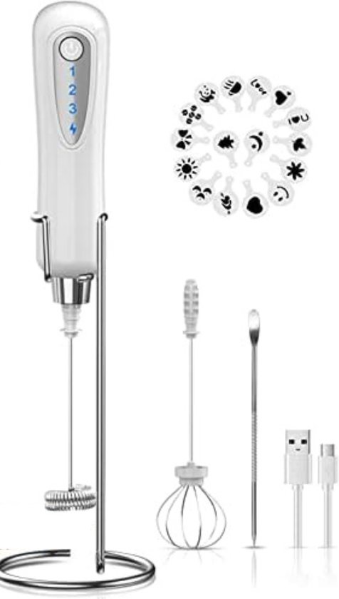 Opschuimer voor Melk - Melkopschuimer Electrisch met roestvrijstalen standaard, 2-in-1 dubbele garde 3-snelheden USB oplaadbare draagbare melkopschuimer / kan worden gebruikt voor eieren - Wit