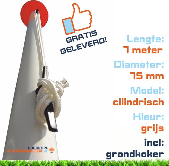 Vlaggenmast BASIC 7 meter aluminium cilindrisch ø 75 mm, grijs incl. knop, kikker, koord en geleide-oog en grondkoker - 7507A1A