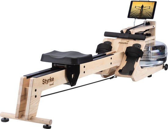 Skandika Styrke Roeitrainer - Roeitrainers - Roeiapparaat Fitness - Echt essenhouten waterroeier & regelbare waterweerstand, waterroeiapparaat voor thuis, gebruiker tot 200 cm/180 kg - 211 x 54 x 47 cm (LxBxH) - Made in Germany - arcticwit hout/zwart
