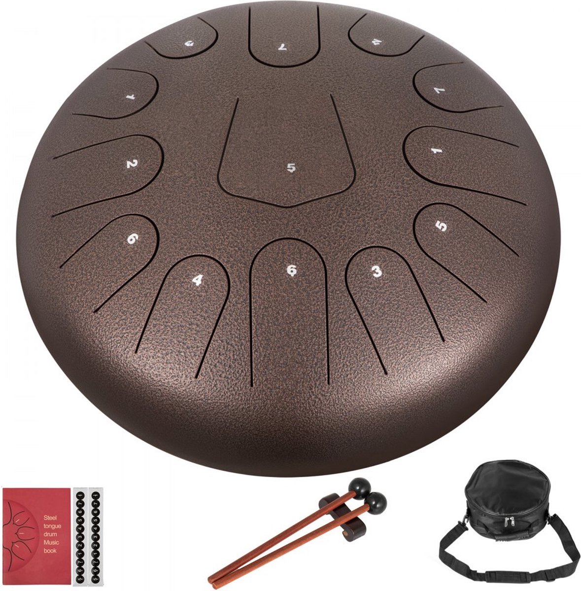 Dakta® Staal Tong Drum 13 Noten, Stalen Tong Trommel Kastanje 12", Etherische Trommel met Drumstokken/Draagtas Hand Tong drums voor Meditatie, Yoga, Zazen, Muziektherapeuten, Religieuze Activiteiten.