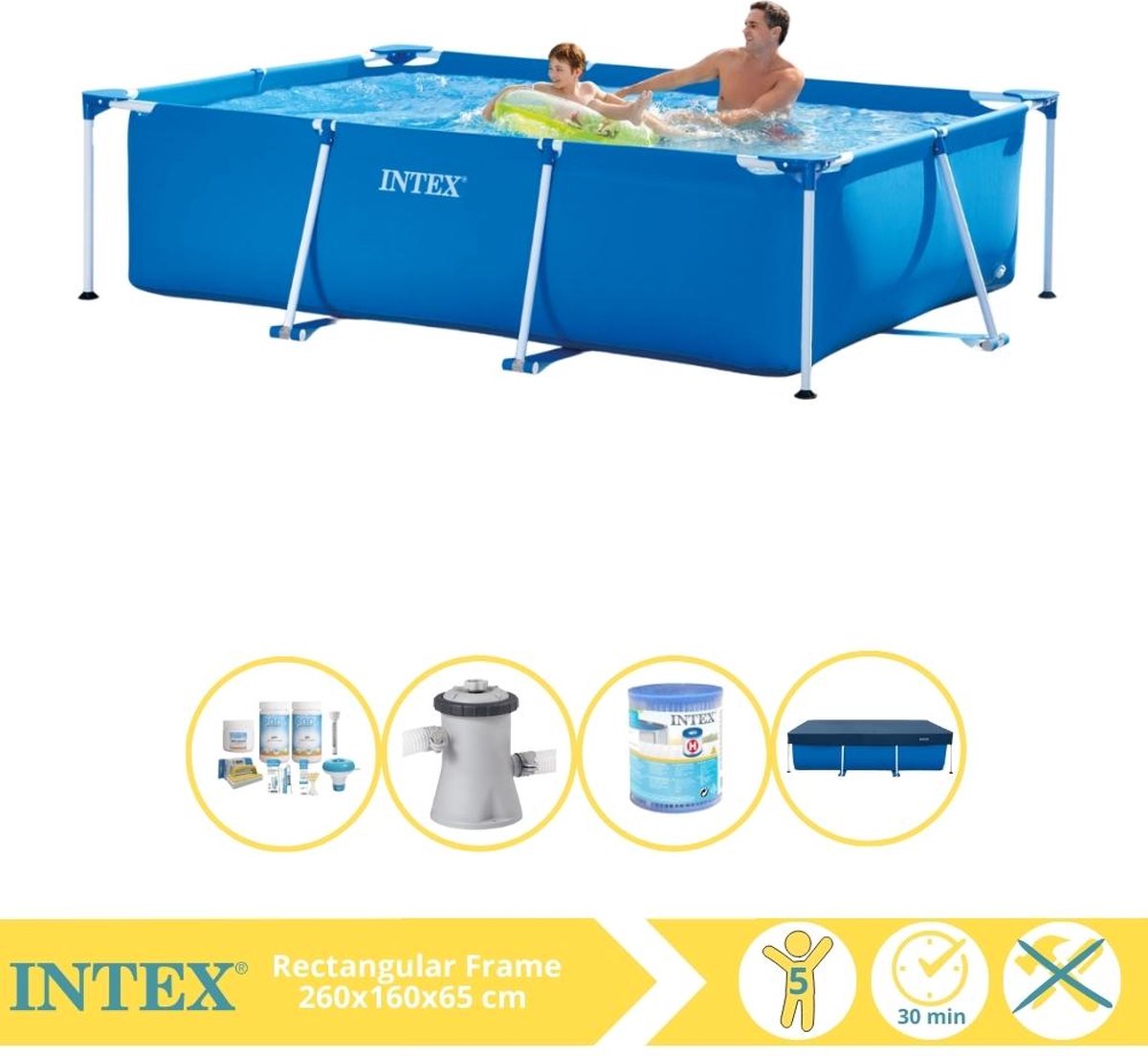 Intex Rectangular Frame Zwembad - Opzetzwembad - 260x160x65 cm - Inclusief Afdekzeil, Onderhoudspakket, Zwembadpomp en Filter