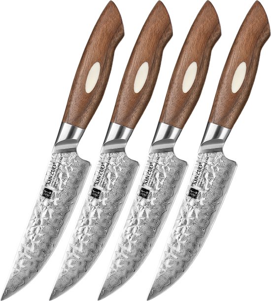 Xinzuo Steakmessenset van 67 laags AUS10 Damascus staa - Set van 4 steakmessen - Uniek damascus patroon - incl. giftbox / bewaardoos - Handvat van Walnoothout - Xinzuo B46W Series