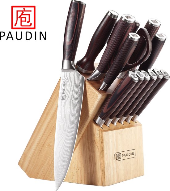 PAUDIN NT1 Professionele 14-delige Messenblokset - Messenset met o.a. Koksmes, Broodmes en Vleesmes - Premium Messenblok Inclusief Schaar, Aanzetstaal en 6 Steakmessen - Esthetisch Damascus Patroon
