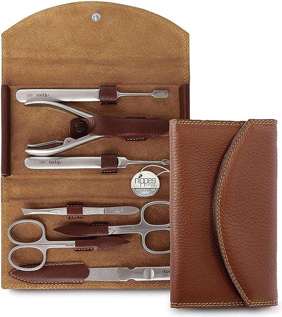 Solingen, manicureset, roestvrij staal en nikkelvrij, echt rundleer, etui met drukknop, Premium Line, bruin, 1 stuk