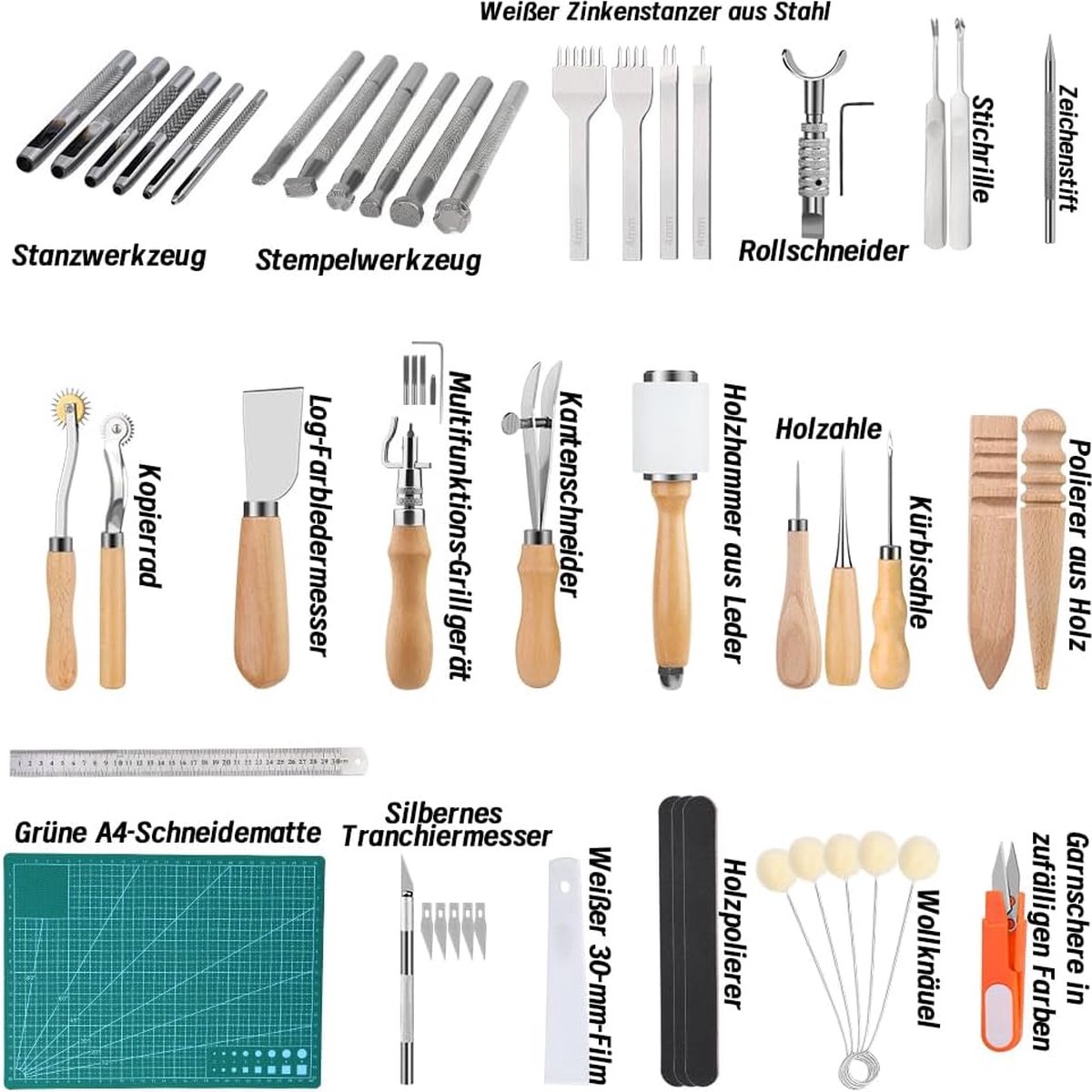Leerbewerkingsgereedschap, leren knutselsets, leren naaigereedschap met opbergtas, snijmat, stempelgereedschap, zinkstans, naaigroef voor doe-het-zelvers, naaien, snijden en naaien