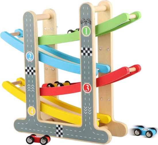 Houten Racebaan Auto Oprit Racer met 4 Mini-auto Peuter Speelgoed voor 1 2 Jarige Jongens en Meisjes Geschenken