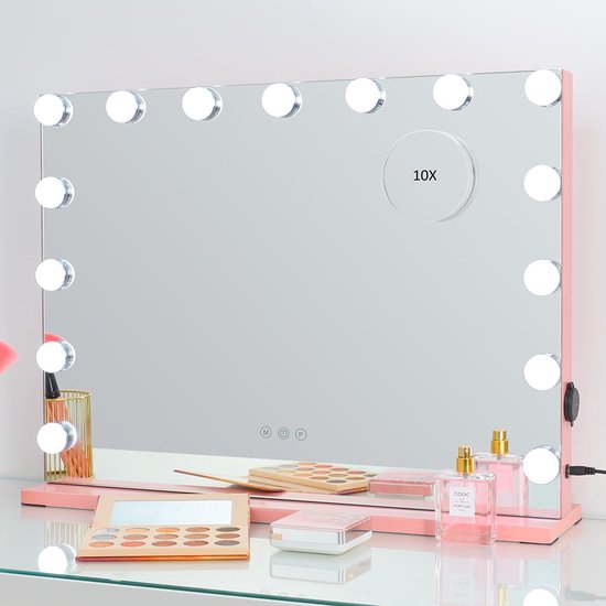 Grote Hollywood Vanity Spiegel met 15x LED Lampen en Tafelblad - Verstelbare Kleuren - Touchscreen Bediening en USB-Oplaadpoort - Wand Make-upspiegel - Roze