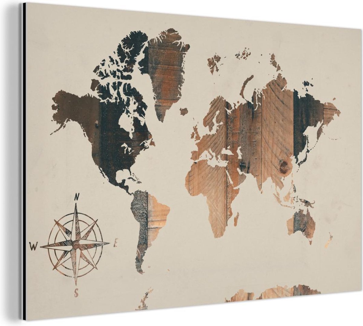 Wanddecoratie Metaal - Aluminium Schilderij Industrieel - Wereldkaart - Houten Plank - Windroos - 120x80 cm - Dibond - Foto op aluminium - Industriële muurdecoratie - Voor de woonkamer/slaapkamer
