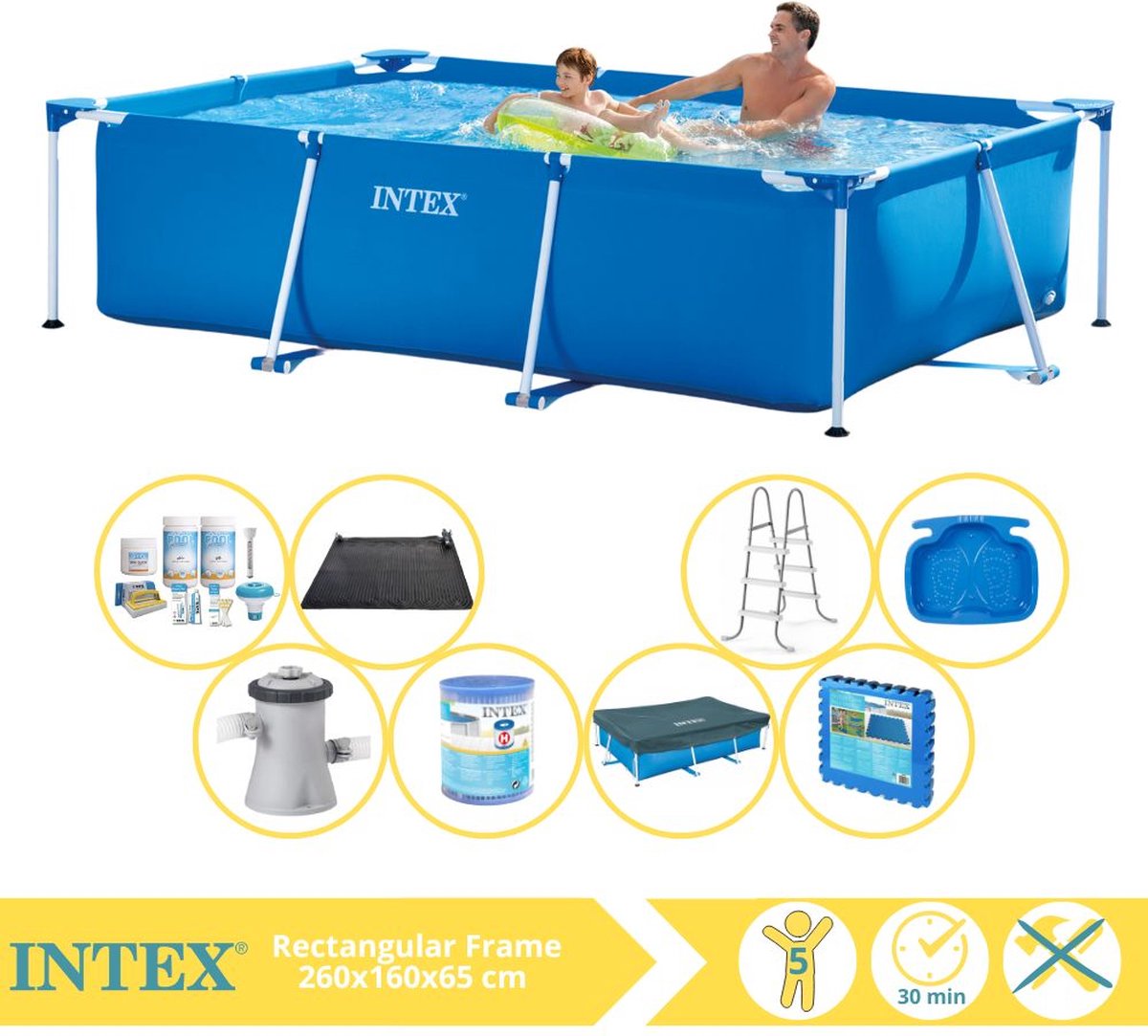 Intex Rectangular Frame Zwembad - Opzetzwembad - 260x160x65 cm - Inclusief Afdekzeil, Onderhoudspakket, Zwembadpomp, Filter, Solar Mat, Trap, Voetenbad en Zwembadtegels