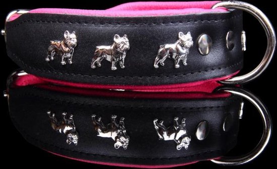 Dog's Companion - Leren halsband Franse Bulldog - Lengte: 45cm (32-41cmx40 mm), Kleur: Zwart / Roze