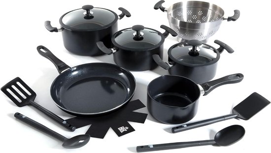 14-delige Pannenset met PFAS-Vrije Keramische Anti-aanbaklaag, Braadpan, Koekenpan, Sauspan, Deksels, Stay-Cool Handgreep, Vaatwasmachinebestendig, Ovenbestendig, Zwart