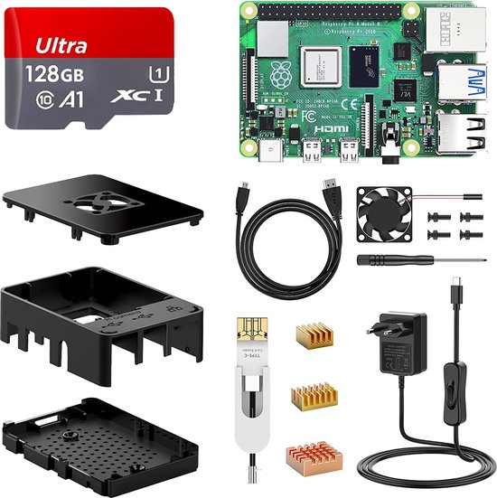 Raspberry PI 4 Complete set met behuizing | 8GB Ram | Inclusief 128GB SD-Kaart | originele Raspberry Pi 4 Cortex A72 1.5GHz ondersteunt Dual Display 4K/1000Mbps/Bluetooth 5.0 (verbeterde Raspberry Pi 3) 8G+128G