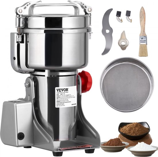 Dakta® draagbare graanmolen 2500g molen 3750W multifunctionele keukenmolen roestvrijstalen molen poedermachine timing droge molen voor kruiden/specerijen/granen enz. Inclusief messen en borstels