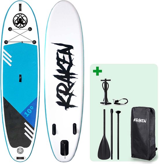 KRAKEN Dubbellaags SUP 10'0 Pro | Premium Double Layer Fusion Supboard | Compleet met Peddel, Pomp, Rugzak | MSL Dropstitch Technology | 305x76x15 CM | Stand Up Paddle Board | 3 Vins Configuratie | Dual Layer & Extra Stabiel | 305 CM | TOT 140 KG