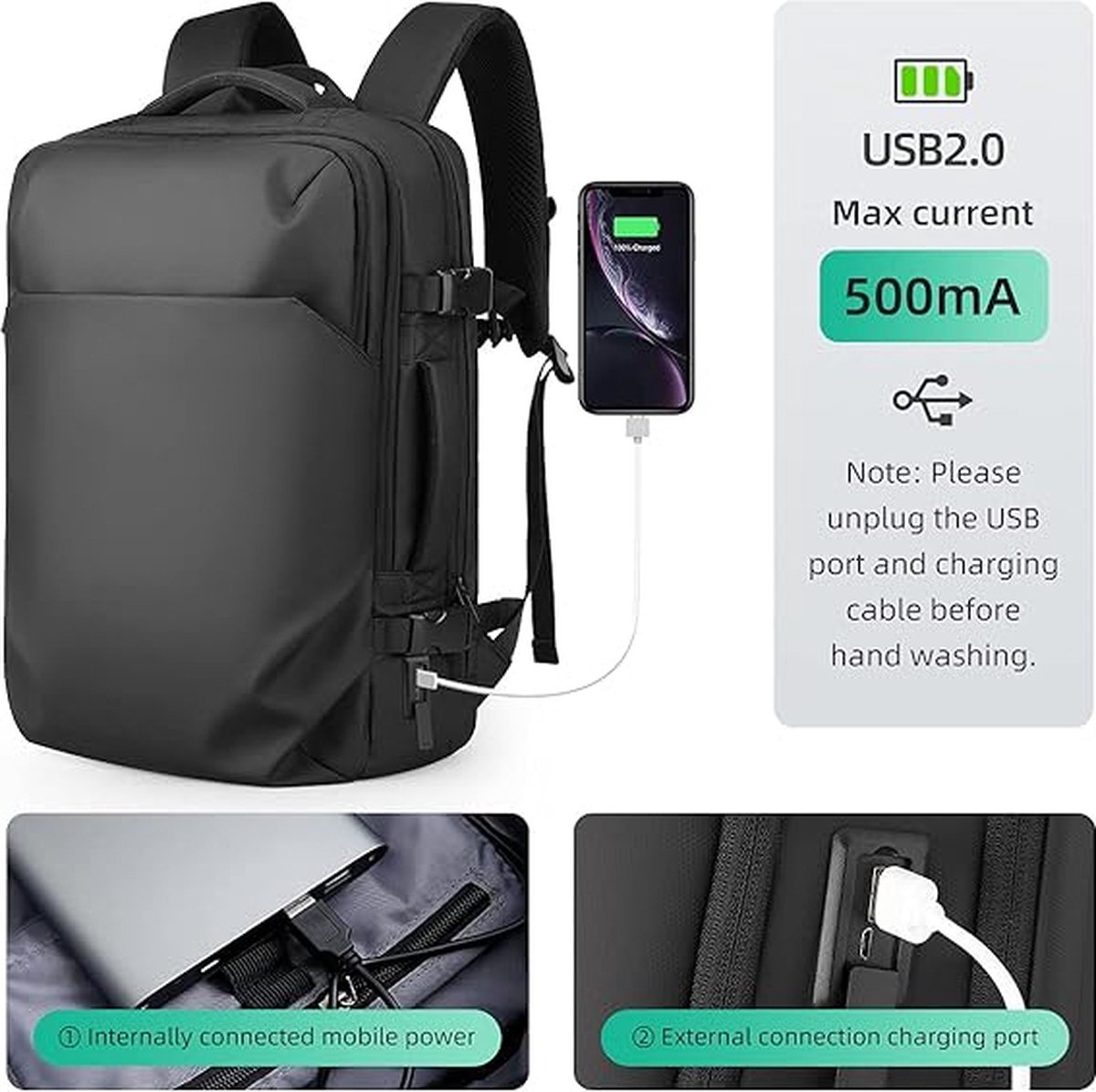 Rugzak YKK rits zakelijke forenzenrugzak met grote capaciteit, 17,3 inch laptop rugzak, USB-oplaadpoort, heren en dames rugzakken voor schoolmissies, zwart, Zwart, 35*25*10