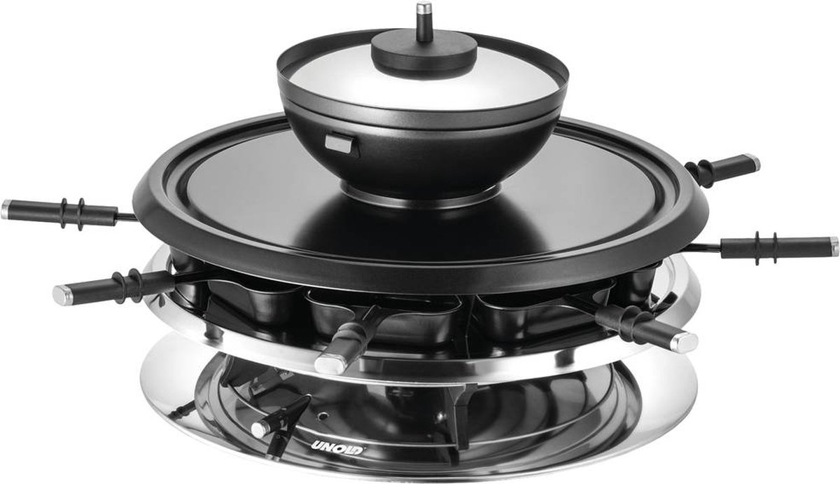 Unold UNOLD Gourmetstel 8 fonduevorkjes, 8 pannen, Anti-aanbaklaag, Traploze temperatuurregeling RVS, Zwart
