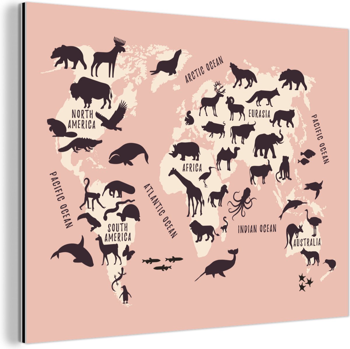 Wanddecoratie Metaal - Aluminium Schilderij Industrieel - Wereldkaart - Dieren - Roze - 160x120 cm - Dibond - Foto op aluminium - Industriële muurdecoratie - Voor de woonkamer/slaapkamer