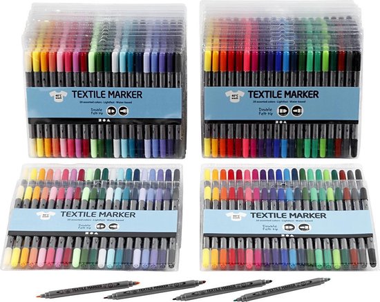 Textielstiften, lijndikte: 2,3+3,6 mm, standaardkleuren, extra kleuren, 24x20stuks
