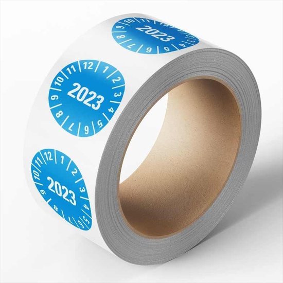 Keuringssticker met jaartal 2023 op rol, blauw 15 mm - 1000 per rol