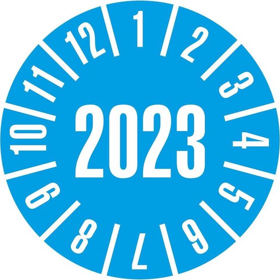 Keuringssticker met jaartal 2023 op rol, blauw 20 mm - 500 per rol