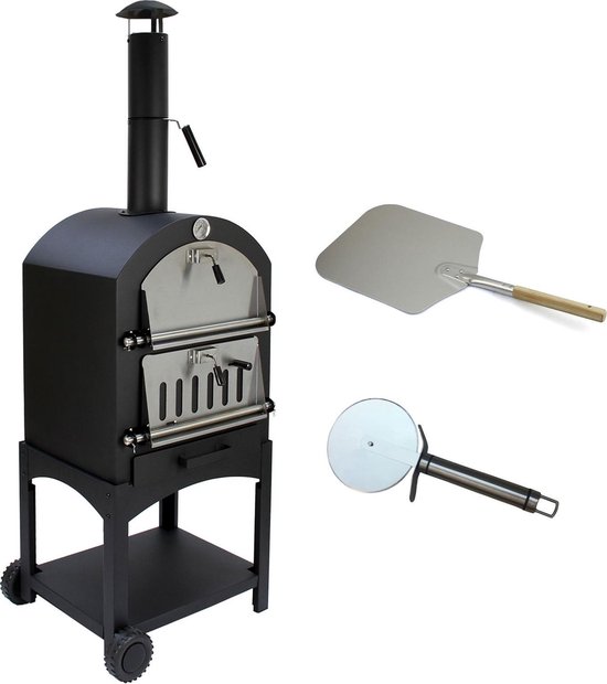 KuKoo Pizza oven buiten - inclusief pizzaschep + pizzasnijder - 64 cm x 43 cm x 156 cm - houtskool -Staal - multifunctionele buitenoven - pizza bbq