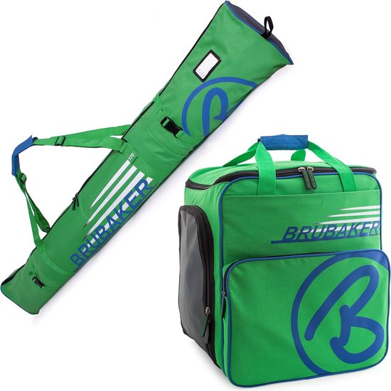 BRUBAKER Combi Set Champion - Limited Edition - Skitas en Skischoenen Tas voor 1 paar ski's 170 cm of 190 cm + stokken + schoenen + helm groen blauw