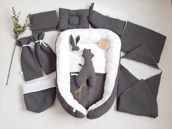 Babyset | babynest set | grijs | Wafelkatoen | 15-delig | Compleet set | Oeko-tex | +GRATIS DRAAGBARE ELEKTRISCHE BORSTKOLF t.w.v. €89,99