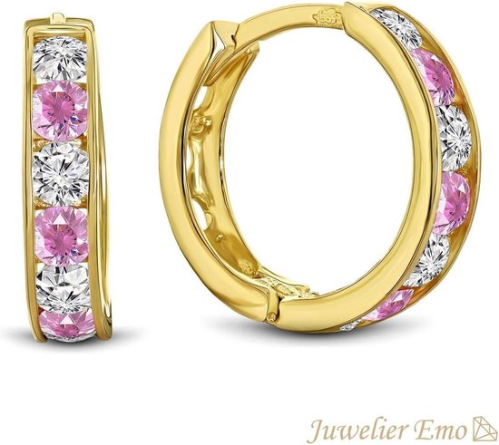 Juwelier Emo - 14 Karaat Gouden Kinderoorbellen meisje met Roze Zirkonia stenen - KIDS - 13 mm