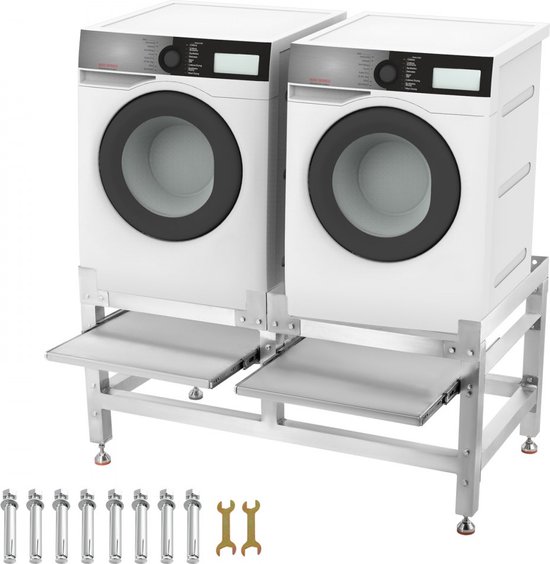 Dakta® Wasmachineverhoging 268 kg, Wasmachine Verhoger Voetstuk 122 x 66 x 56 cm, Wasmachine Basisstandaard met 2 Plank, Wasmachine Basis Aluminiumlegering en Roestvrij Staal, Onderstel Voor Wasmachine