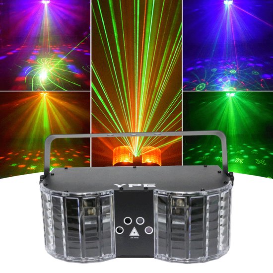 YPE x YourPartyEquipment - Disco lichteffect - Disco Lamp - Disco Licht - Party Laser - Double Mirror 4-Hole Laser Butterfly Light - LED's, Lasers en Stroboscoop effect - DMX ondersteuning, Afstand bestuurbaar en Geluid gestuurd