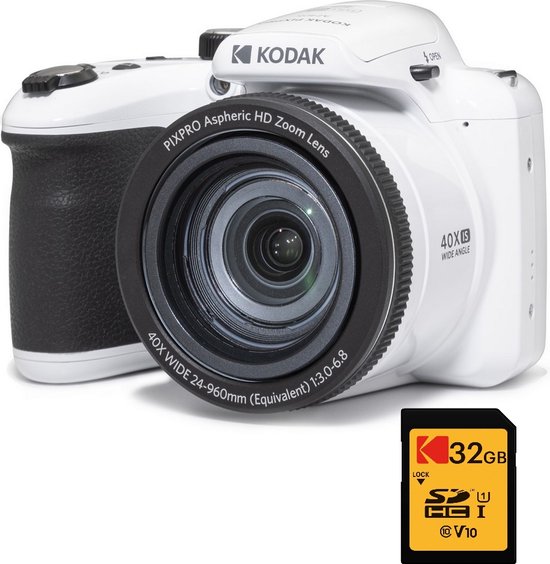 KODAK Pack Bridge Numérique Pixpro Astro Zoom AZ405 + Carte SDHC Kodak Ultra High Speed U1 32GB - Appareil Photo 20 mégapixels, Zoom X40, Grand Angle, LCD, Vidéo Full HD 1080p, OIS, Pile AA - Blanc